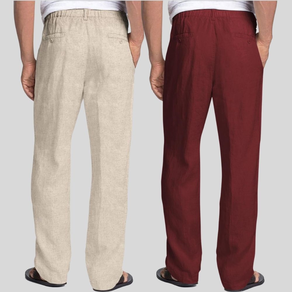 Combo of 2 Beige and Maroon Linen Men Pants-47403