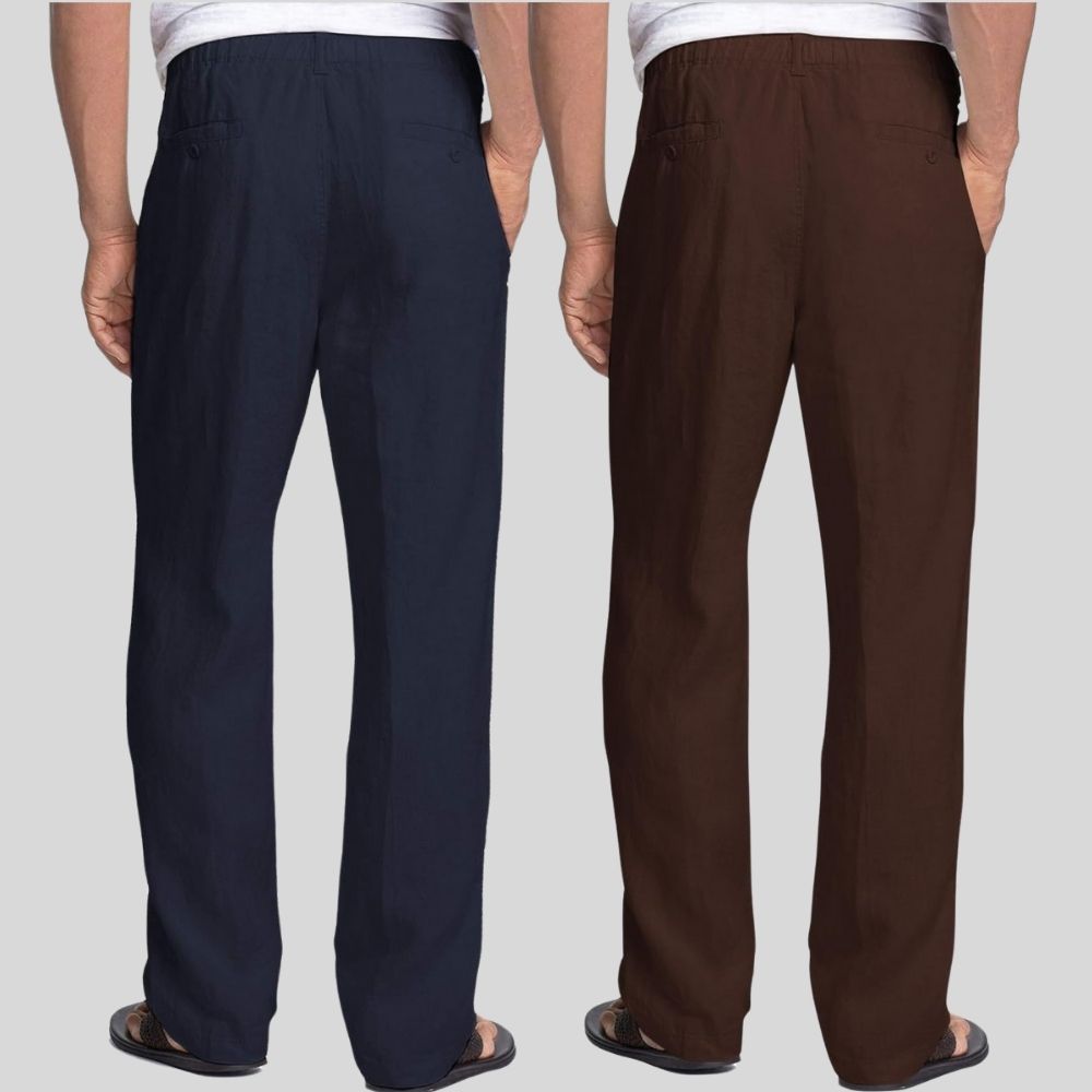 Combo of 2 Navy Blue and Brown Linen Men Pants-47460