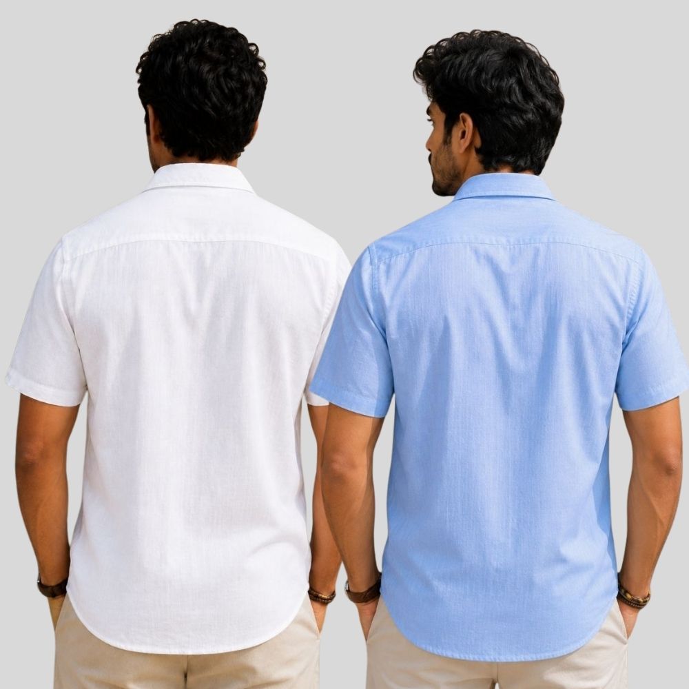 Combo of 2 Linen Half Sleeve Shirt White and Sky Blue-51911