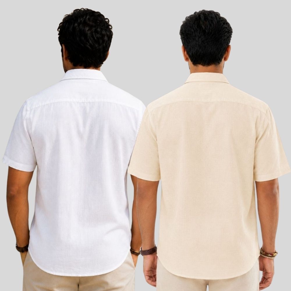 Combo of 2 Linen Half Sleeve Shirt White and Light Beige-51912