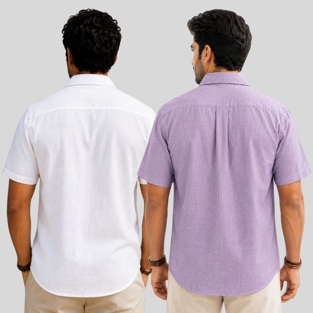 Combo of 2 Linen Half Sleeve Shirt White and Purple-51916