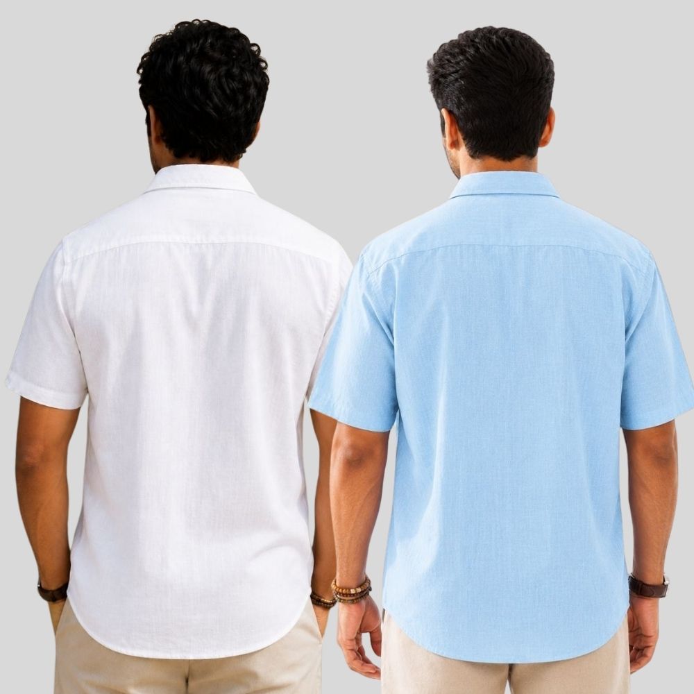 Combo of 2 Linen Half Sleeve Shirt White and Light Blue-51917