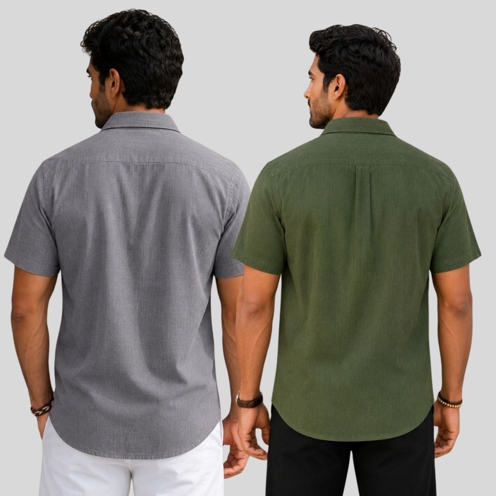 Combo of 2 Linen Half Sleeve Shirt Gray and Olive Green-51921