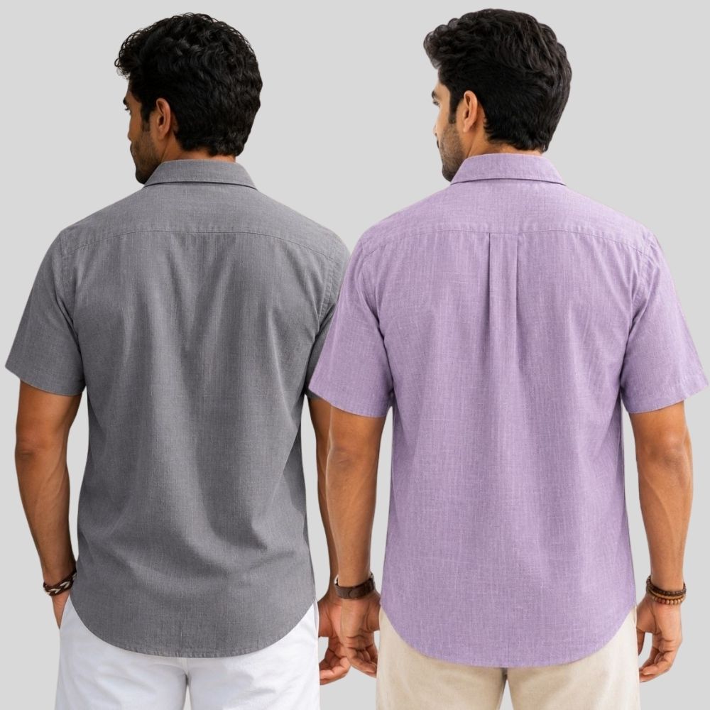 Combo of 2 Linen Half Sleeve Shirt Gray and Purple-51930