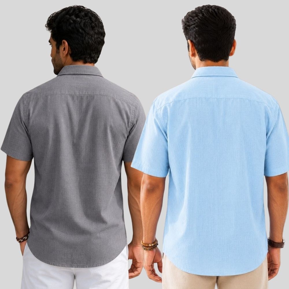 Combo of 2 Linen Half Sleeve Shirt Gray and Light Blue-51931