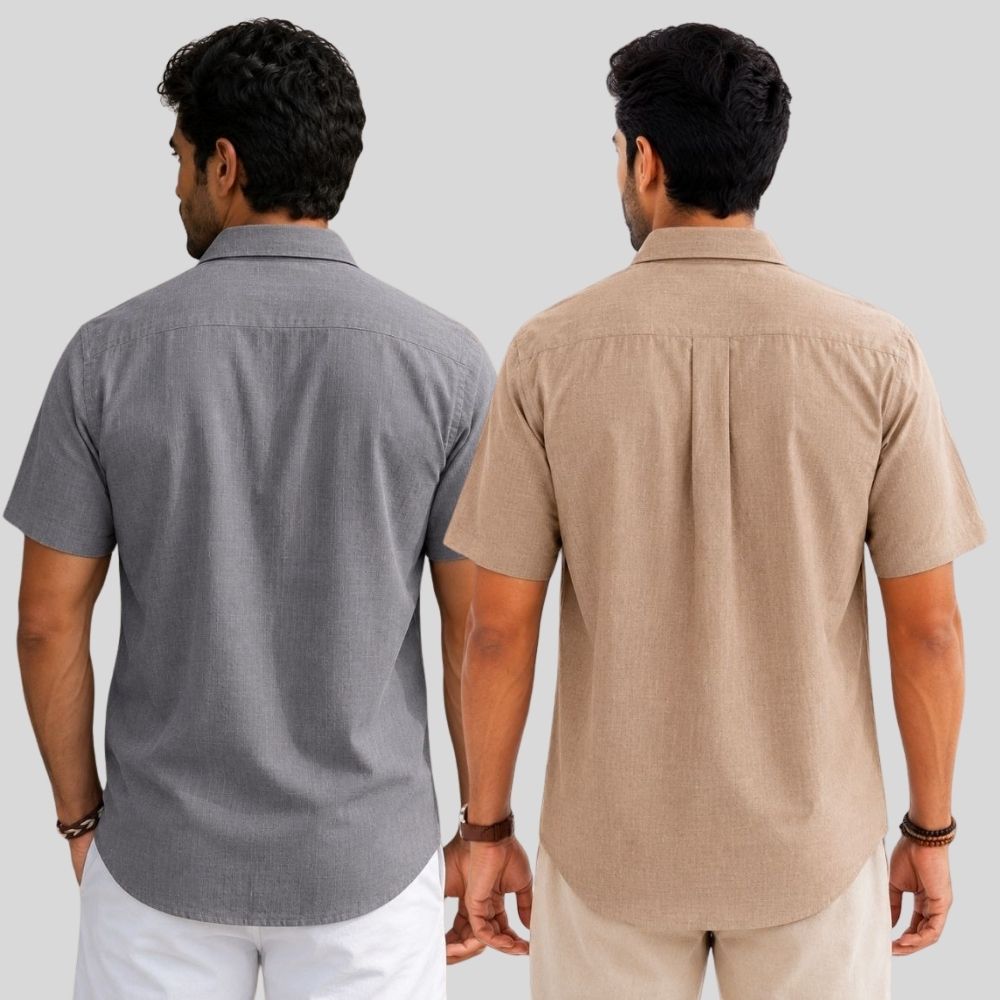 Combo of 2 Linen Half Sleeve Shirt Gray and Dark Beige-51932