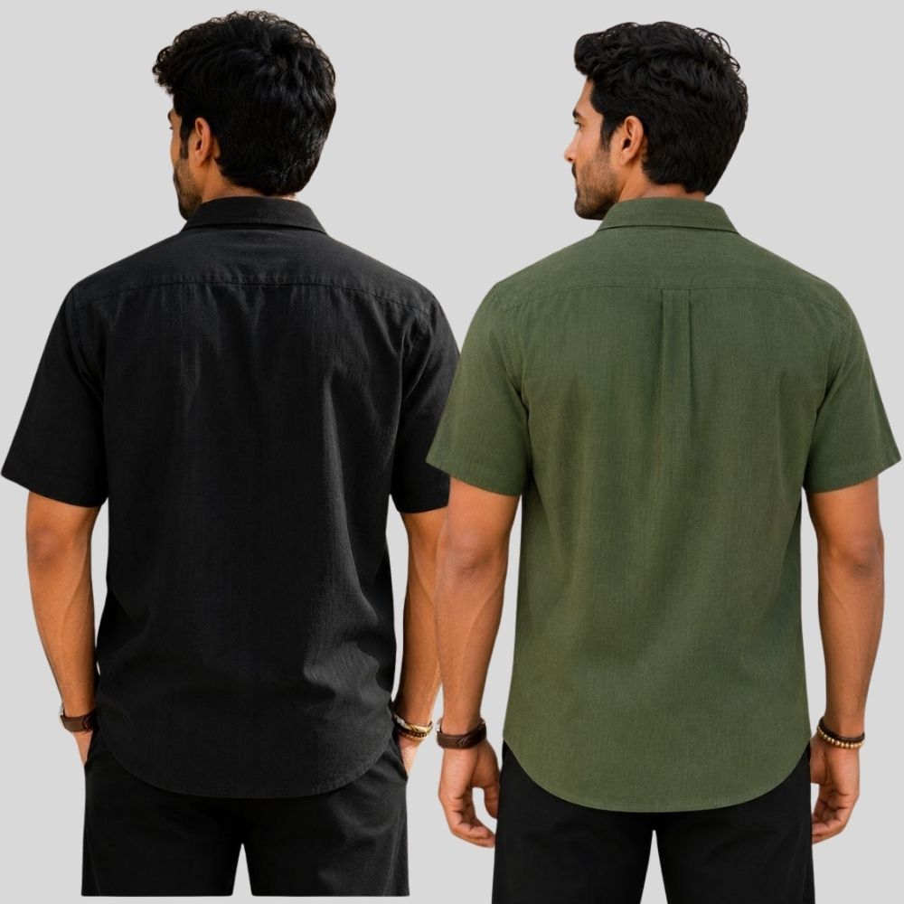 Combo of 2 Linen Half Sleeve Shirt Black and Olive Green-51934