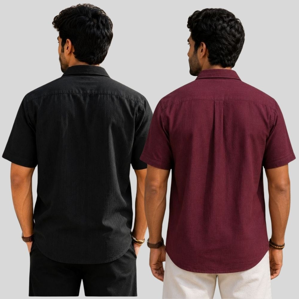 Combo of 2 Linen Half Sleeve Shirt Black and Maroon-51936