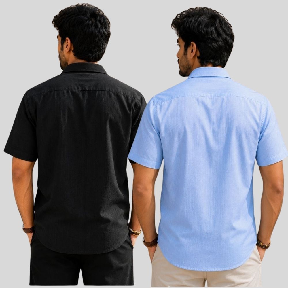 Combo of 2 Linen Half Sleeve Shirt Black and Sky Blue-51938