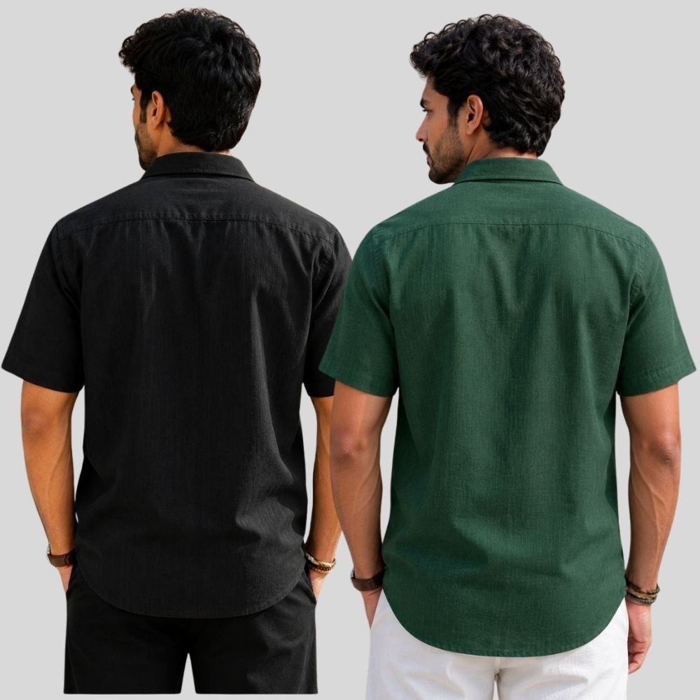 Combo of 2 Linen Half Sleeve Shirt Black and Bottle Green-51940