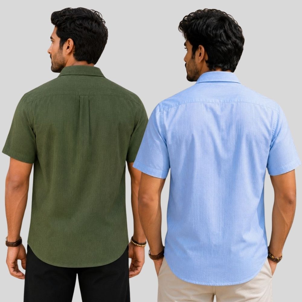 Combo of 2 Linen Half Sleeve Shirt Olive Green and Sky Blue-51950