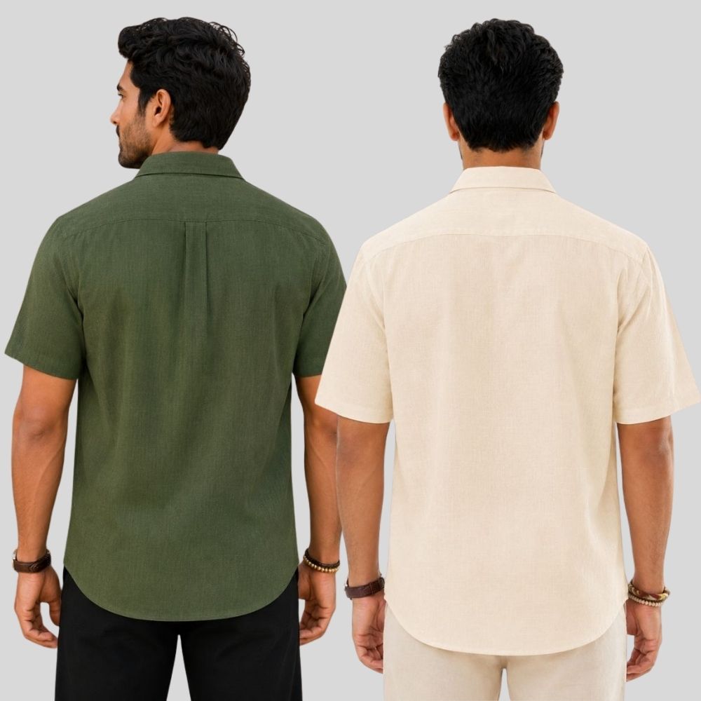 Combo of 2 Linen Half Sleeve Shirt Olive Green and Light Beige-51951