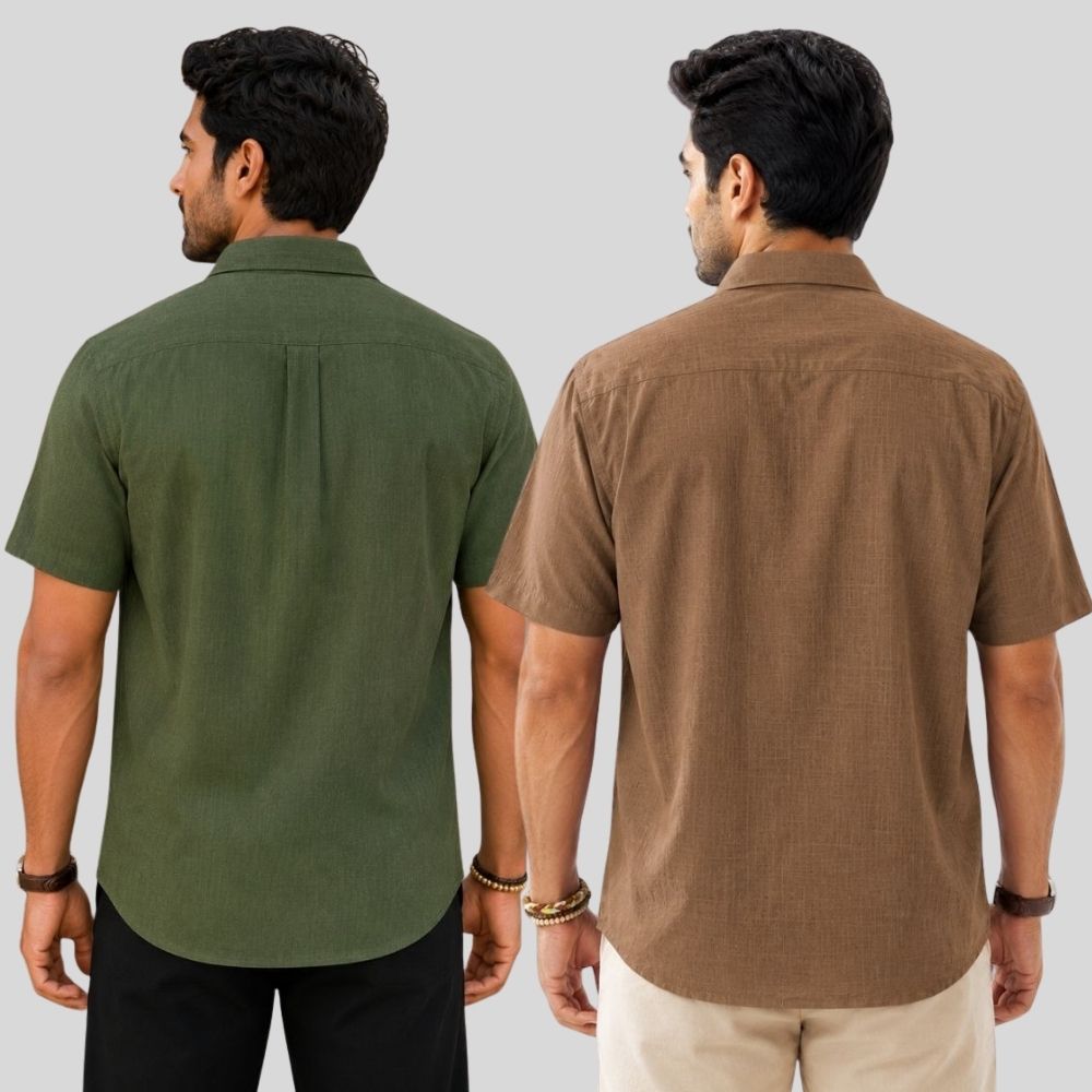 Combo of 2 Linen Half Sleeve Shirt Olive Green and Brown-51954