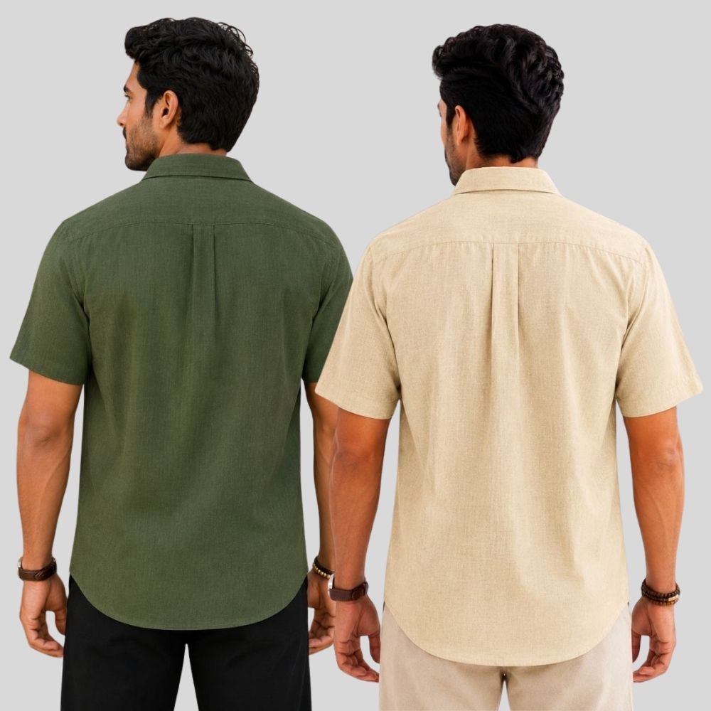 Combo of 2 Linen Half Sleeve Shirt Olive Green and Beige-51958