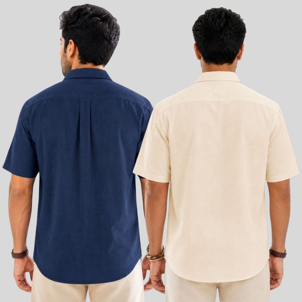 Combo of 2 Linen Half Sleeve Shirt Navy Blue and Light Beige-51962