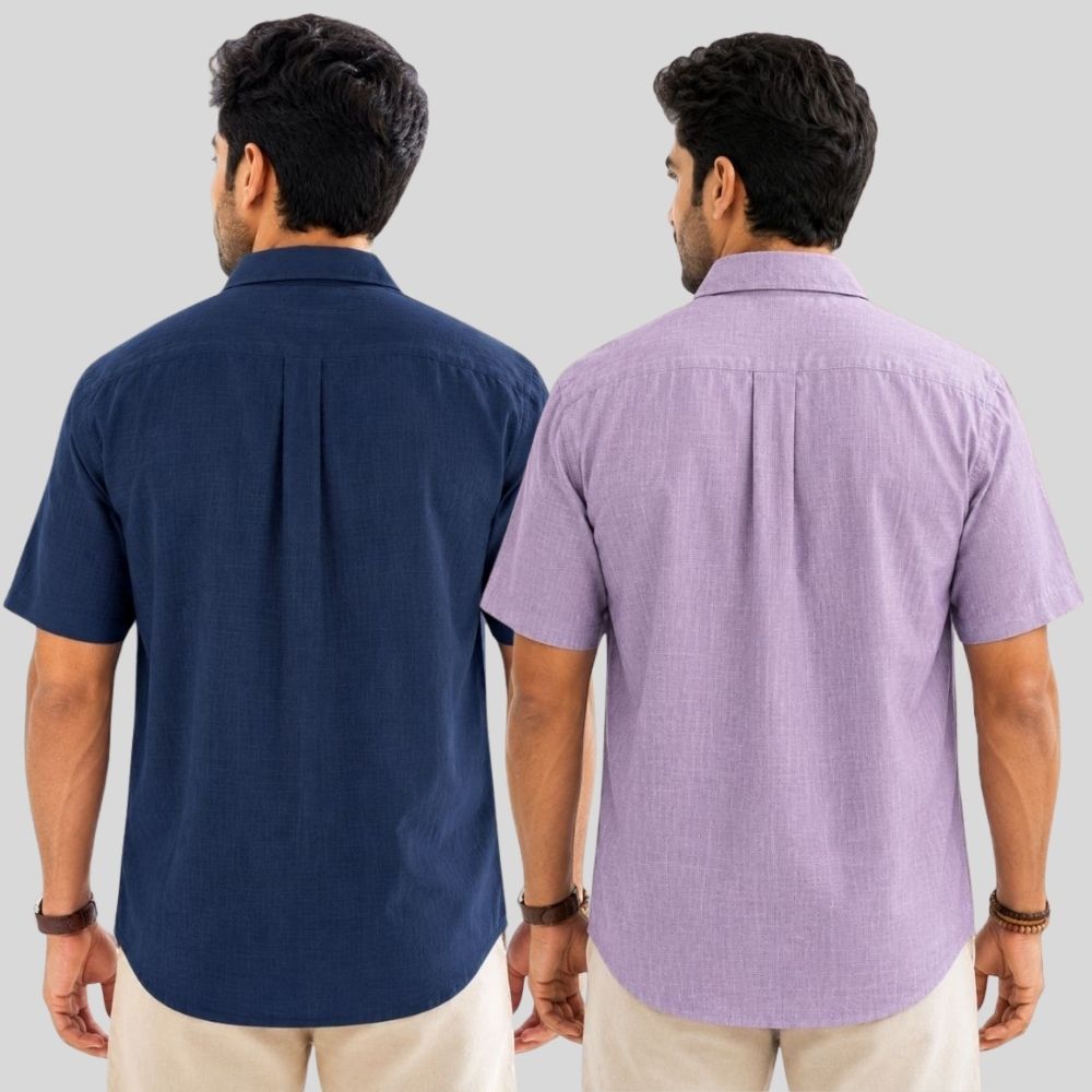 Combo of 2 Linen Half Sleeve Shirt Navy Blue and Purple-51966