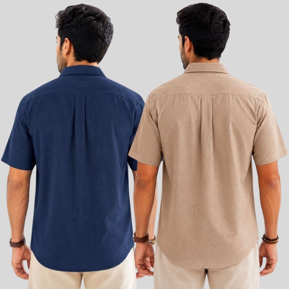 Combo of 2 Linen Half Sleeve Shirt Navy Blue and Dark Beige-51968