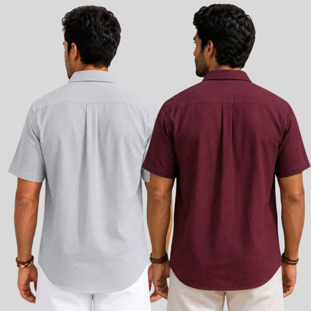 Combo of 2 Linen Half Sleeve Shirt Maroon and Light Gray-51970