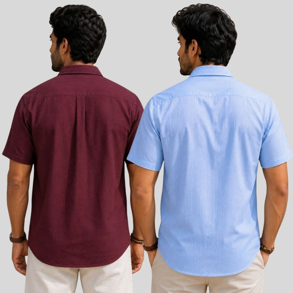 Combo of 2 Linen Half Sleeve Shirt Maroon and Sky Blue-51971