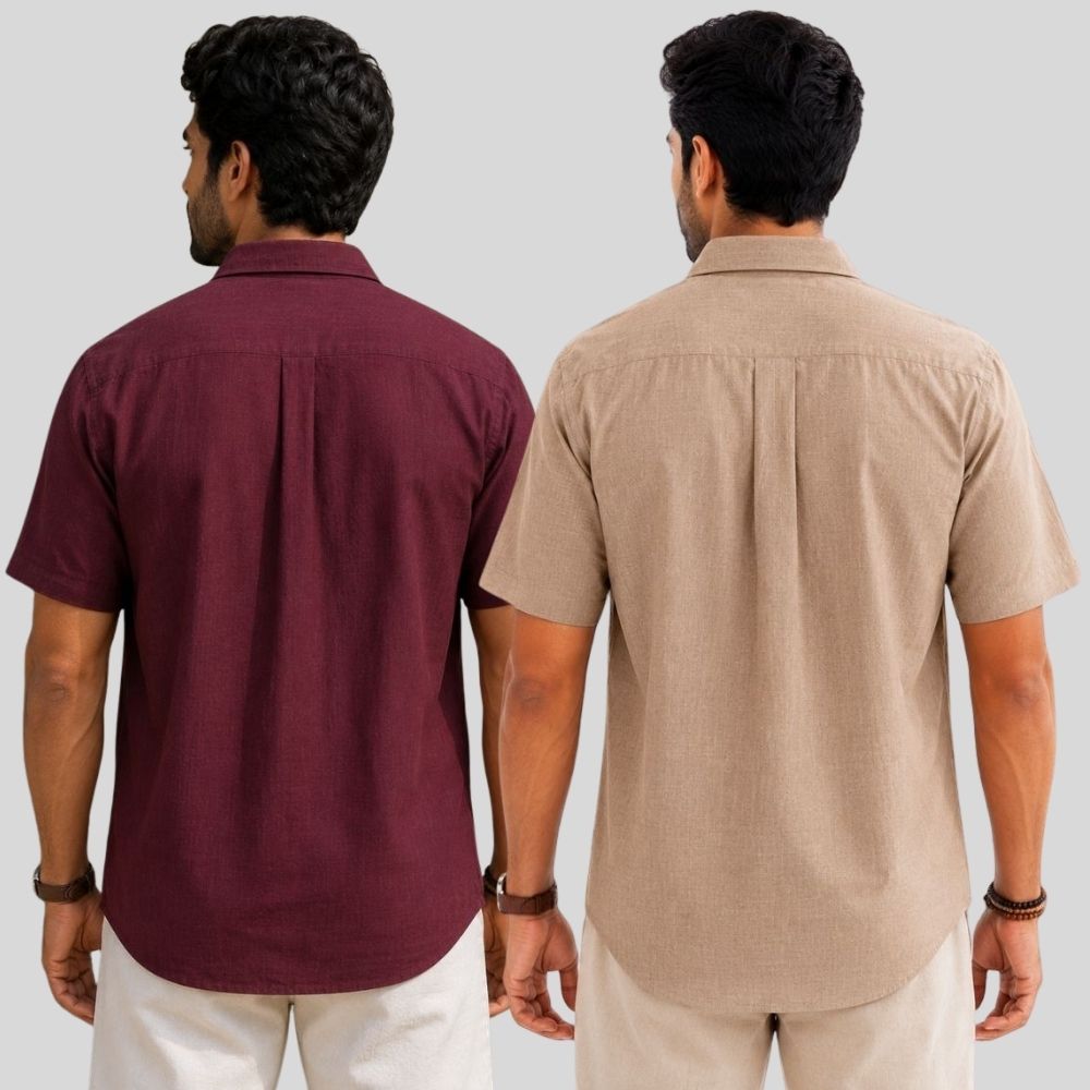 Combo of 2 Linen Half Sleeve Shirt Maroon and Dark Beige-51978