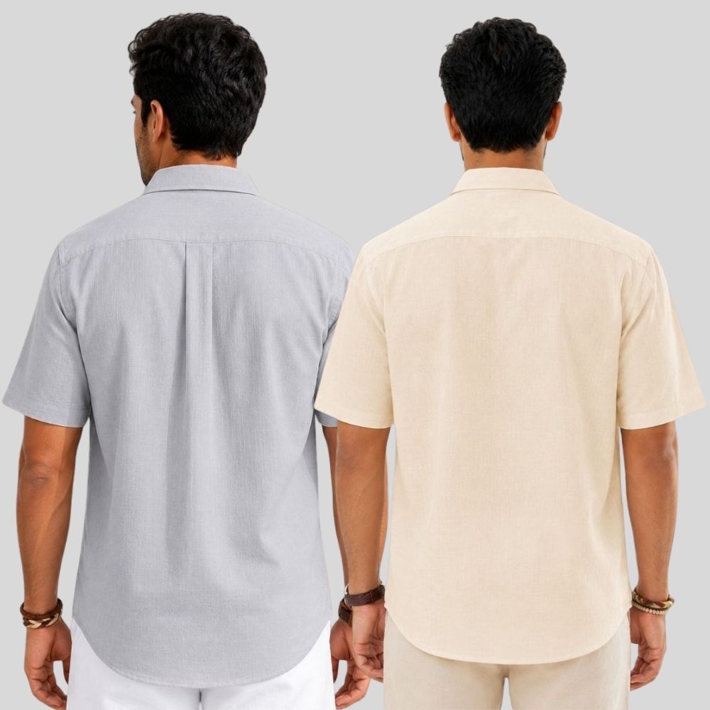 Combo of 2 Linen Half Sleeve Shirt Light Gray and Light Beige-51981