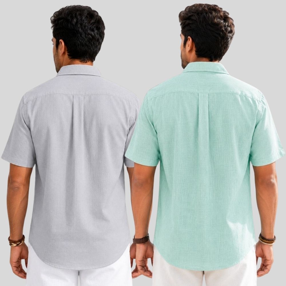 Combo of 2 Linen Half Sleeve Shirt Light Gray and Parrot Green-51983
