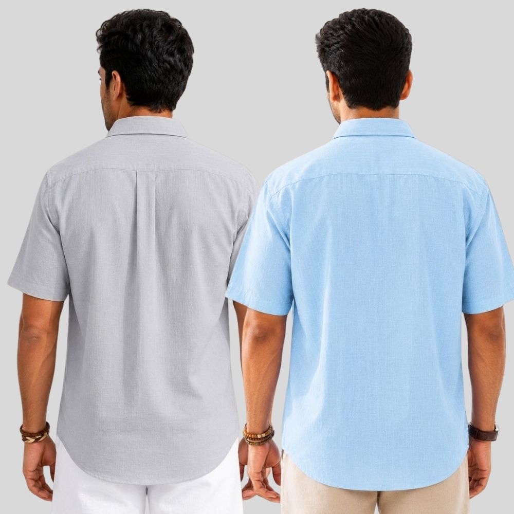 Combo of 2 Linen Half Sleeve Shirt Light Gray and Light Blue-51986