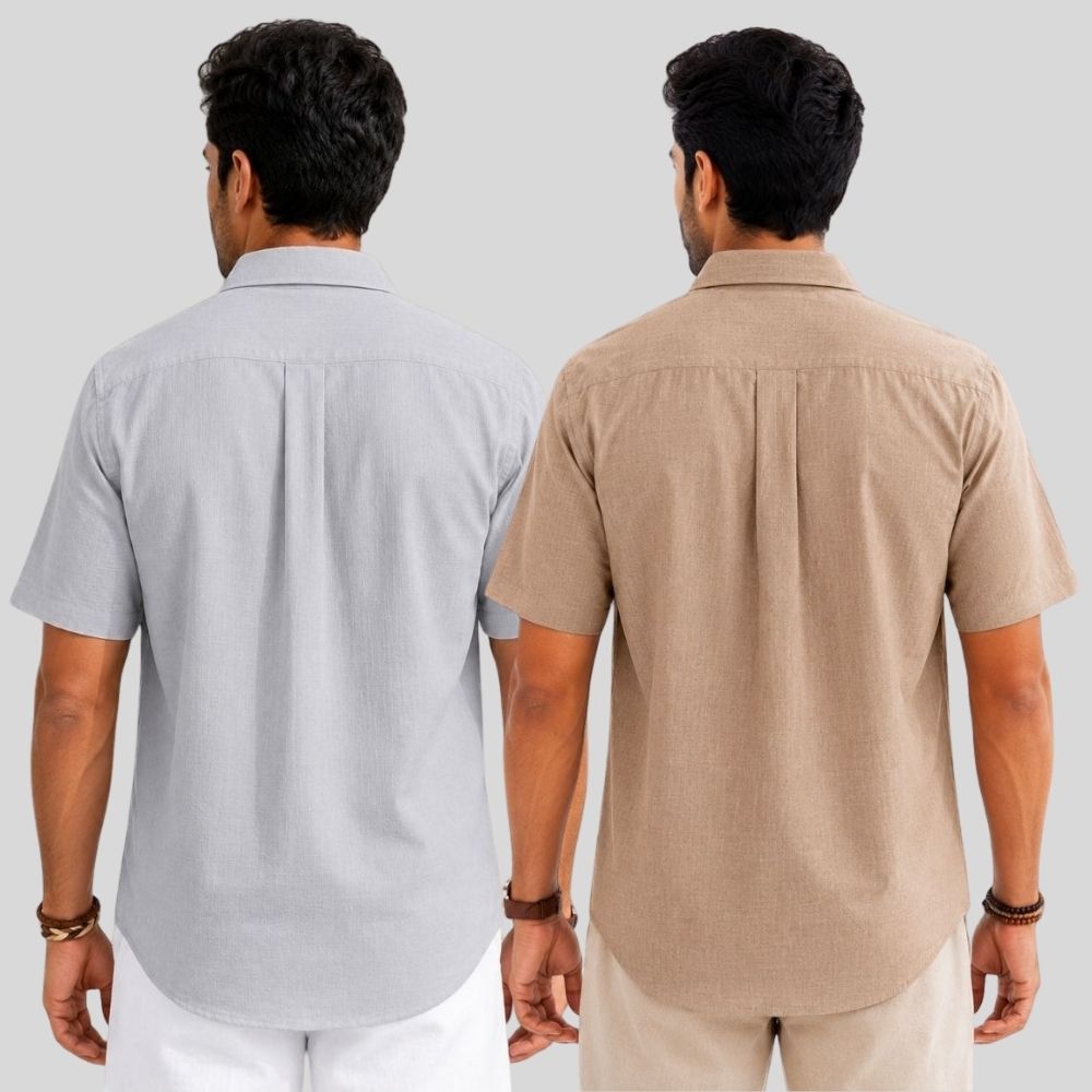Combo of 2 Linen Half Sleeve Shirt Light Gray and Dark Beige-51987