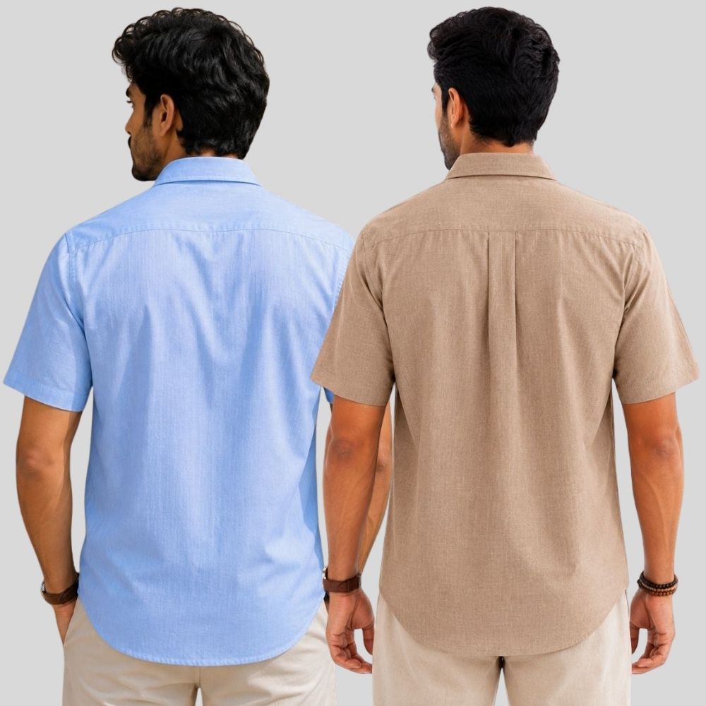 Combo of 2 Linen Half Sleeve Shirt Sky Blue and Dark Beige-51995