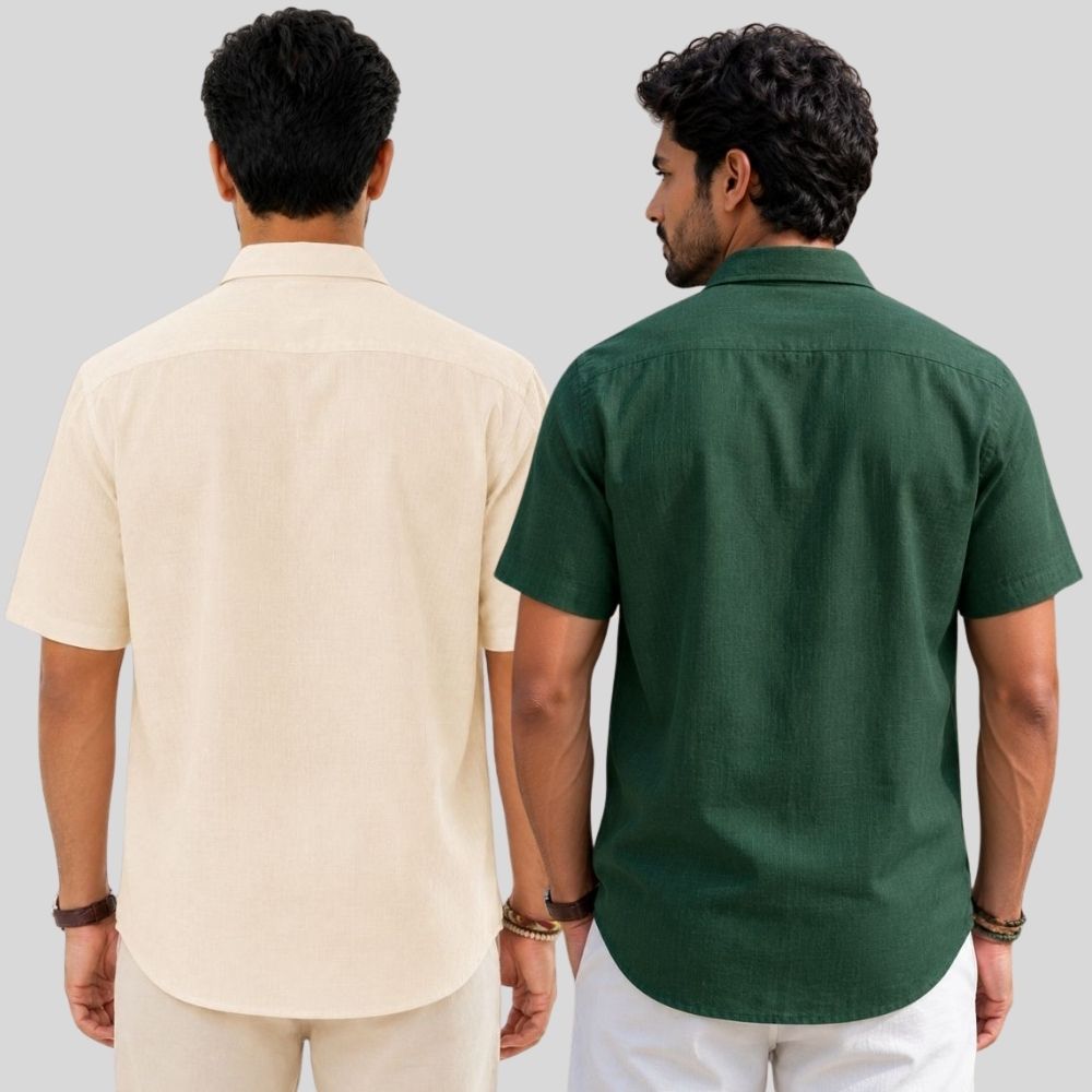 Combo of 2 Linen Half Sleeve Shirt Light Beige and Bottle Green-51997