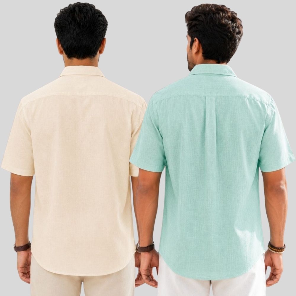 Combo of 2 Linen Half Sleeve Shirt Light Beige and Parrot Green-51998