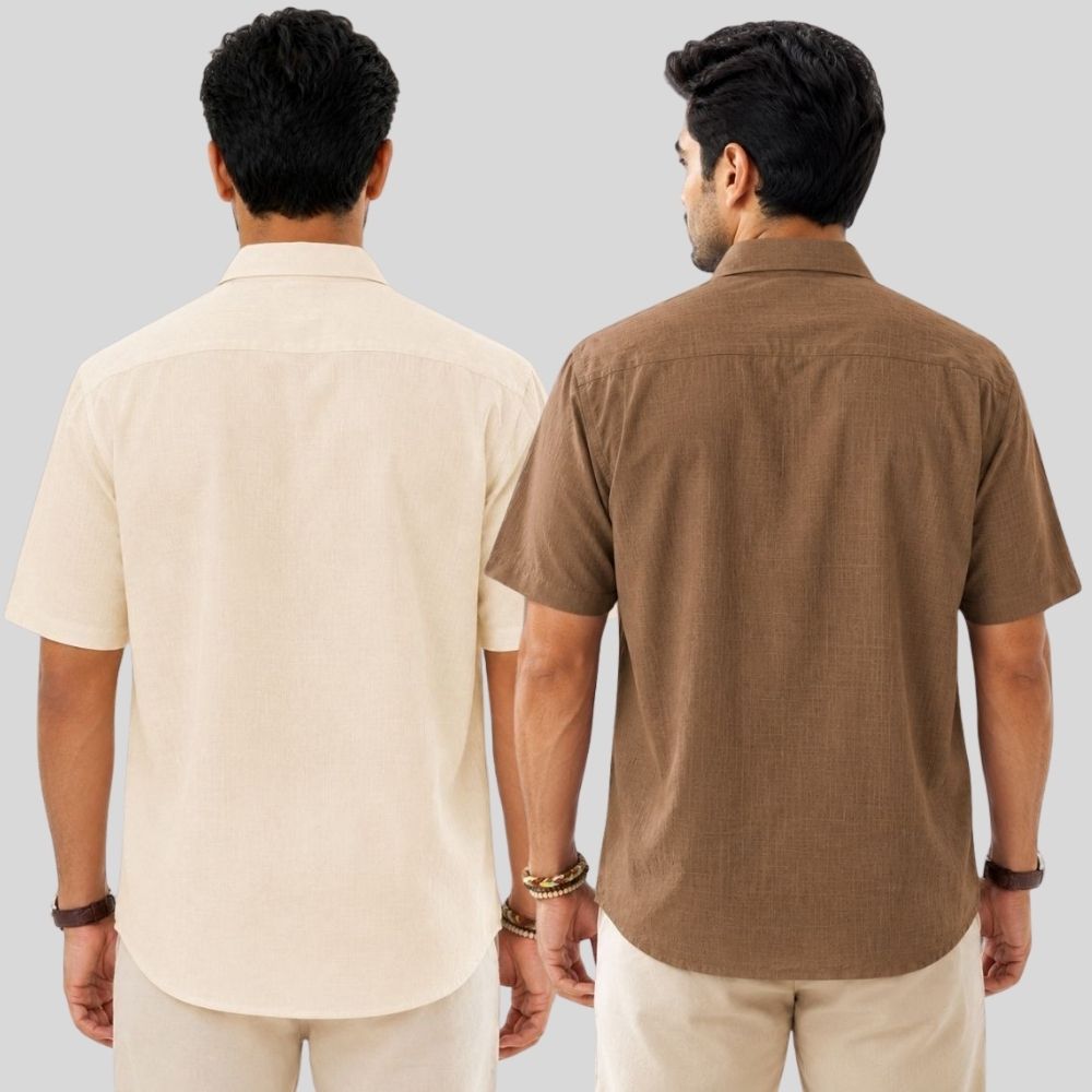Combo of 2 Linen Half Sleeve Shirt Light Beige and Brown-51999