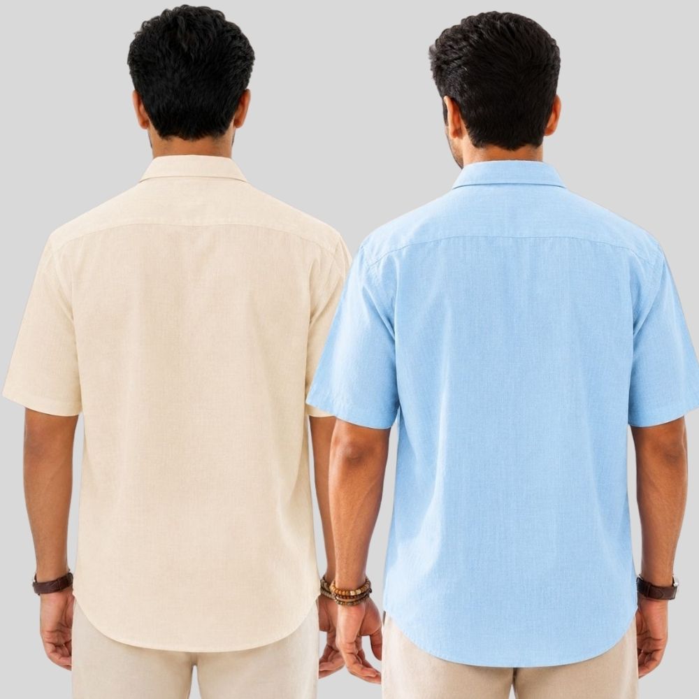 Combo of 2 Linen Half Sleeve Shirt Light Beige and Light Blue-52001