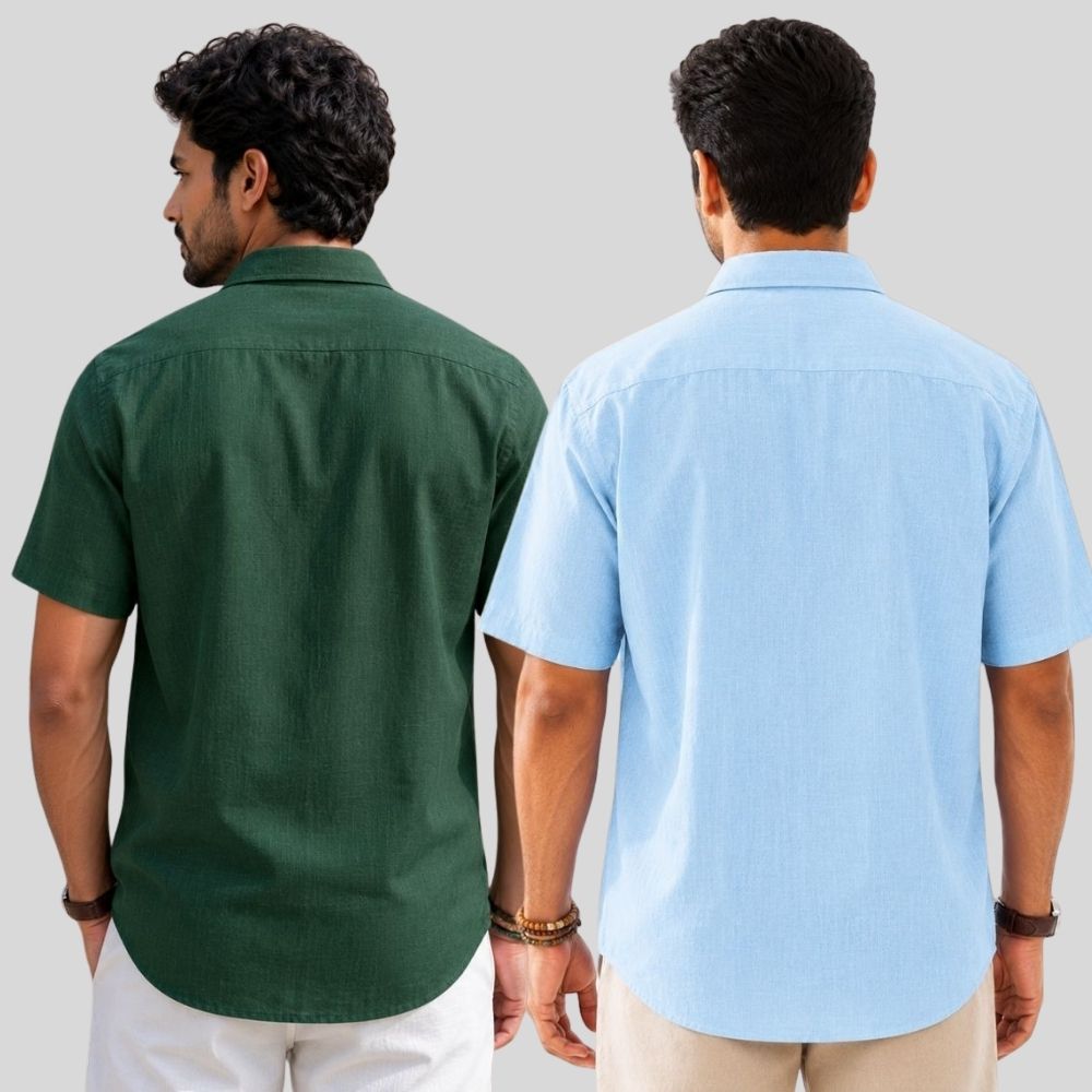 Combo of 2 Linen Half Sleeve Shirt Bottle Green and Light Blue-52007
