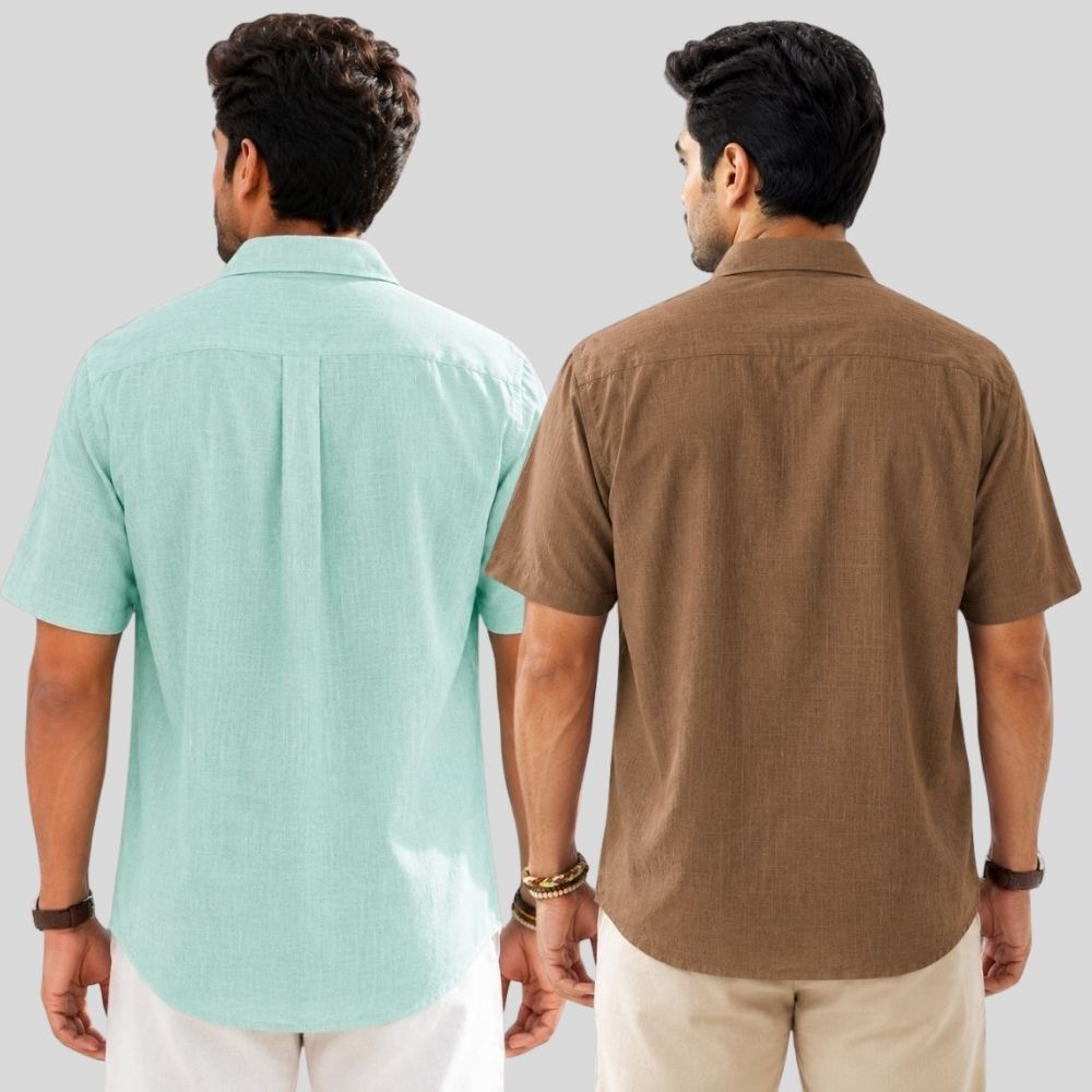Combo of 2 Linen Half Sleeve Shirt Parrot Green and Brown-52010