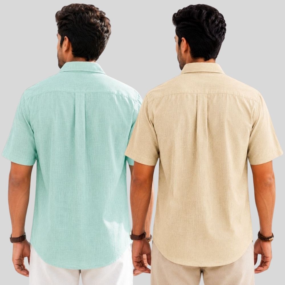 Combo of 2 Linen Half Sleeve Shirt Parrot Green and Beige-52014