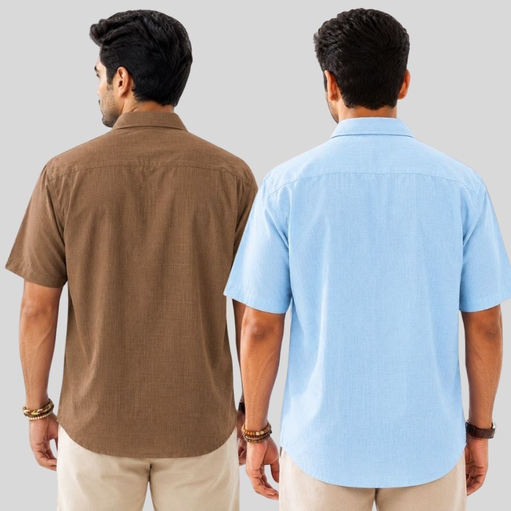 Combo of 2 Linen Half Sleeve Shirt Brown and Light Blue-52016