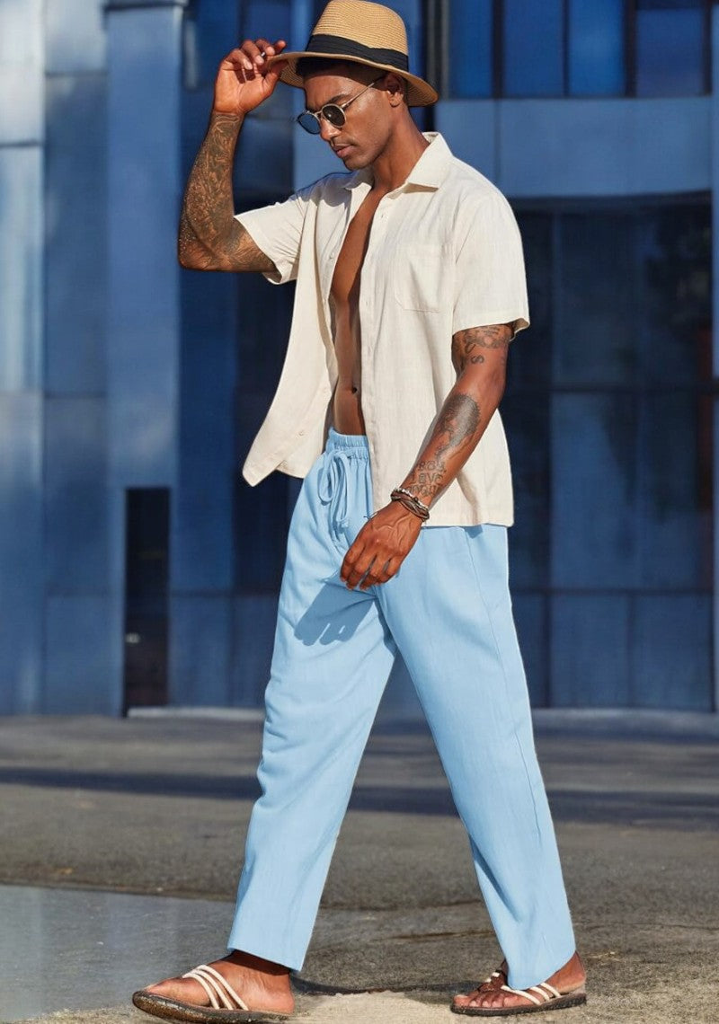 Blue Linen Loose Fit Men Pant-49496