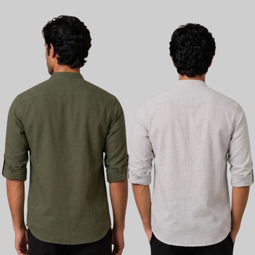 Combo of 2 Linen Solid Short Kurta Army Green and Light Gray-51098