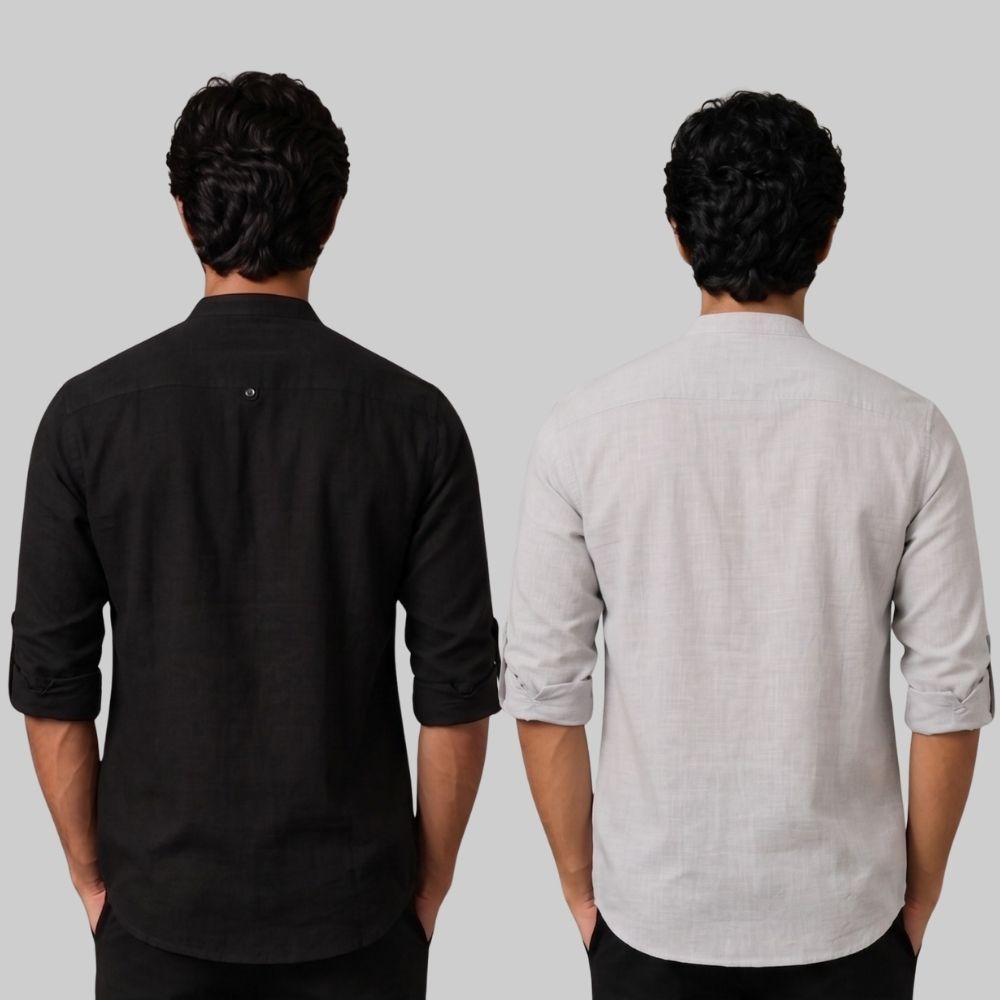 Combo of 2 Linen Solid Short Kurta Black and Light Gray-51076