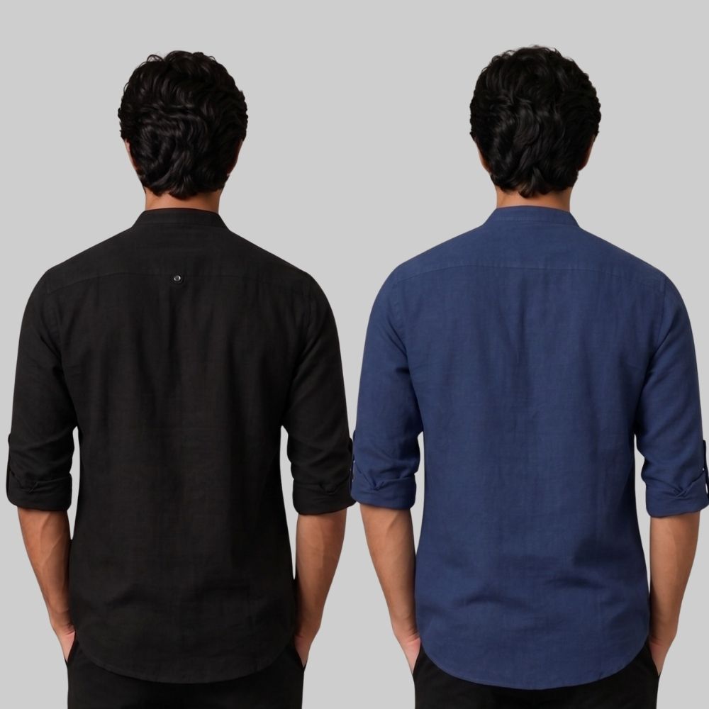 Combo of 2 Linen Solid Short Kurta Black and Navy Blue-51072