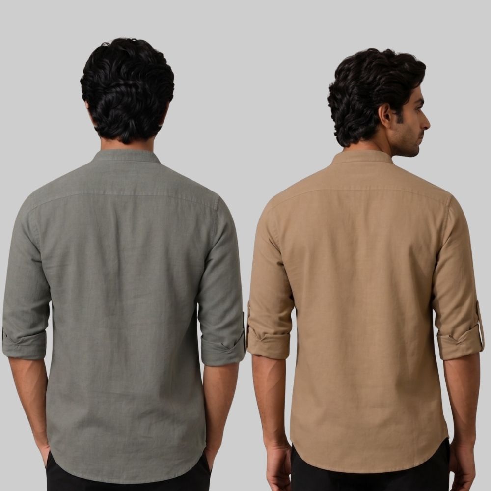 Combo of 2 Linen Solid Short Kurta Gray and Brown-51069