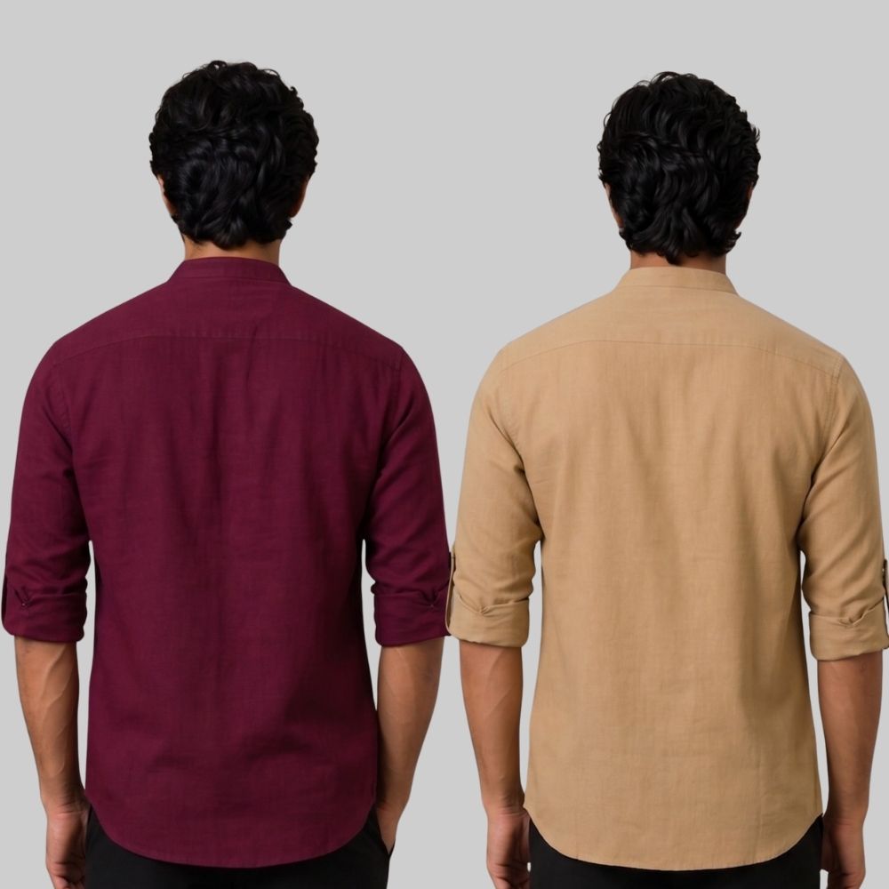 Combo of 2 Linen Solid Short Kurta Maroon and Dark Beige-51061