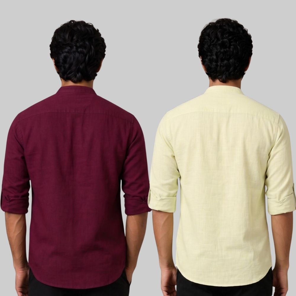 Combo of 2 Linen Solid Short Kurta Maroon and Light Yellow-51057