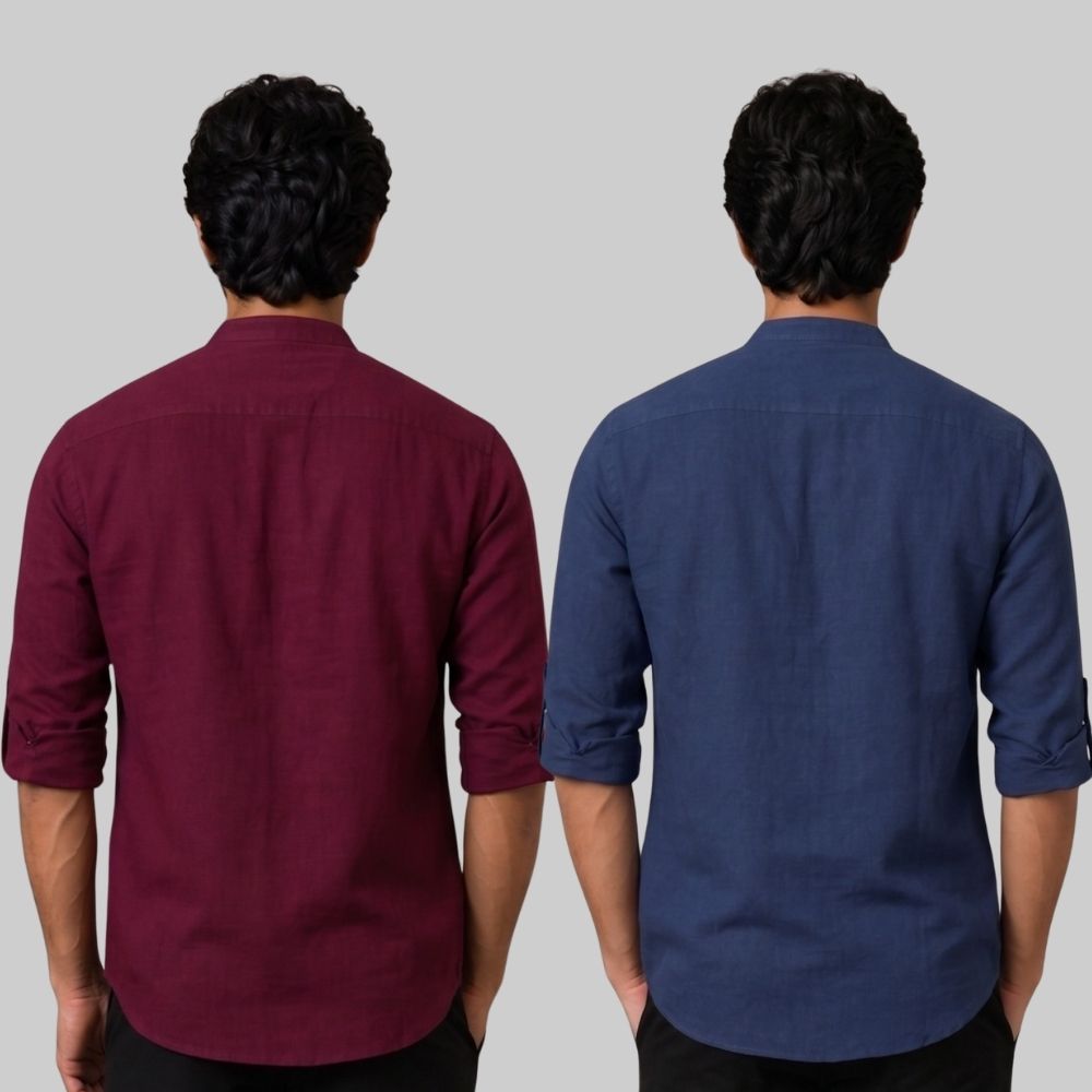 Combo of 2 Linen Solid Short Kurta Maroon and Navy Blue-51055