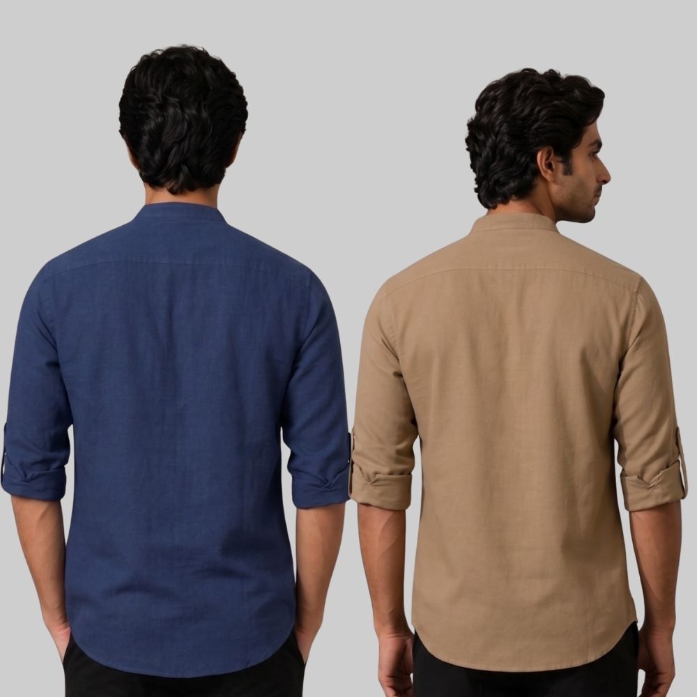 Combo of 2 Linen Solid Short Kurta Navy Blue and Brown-51084