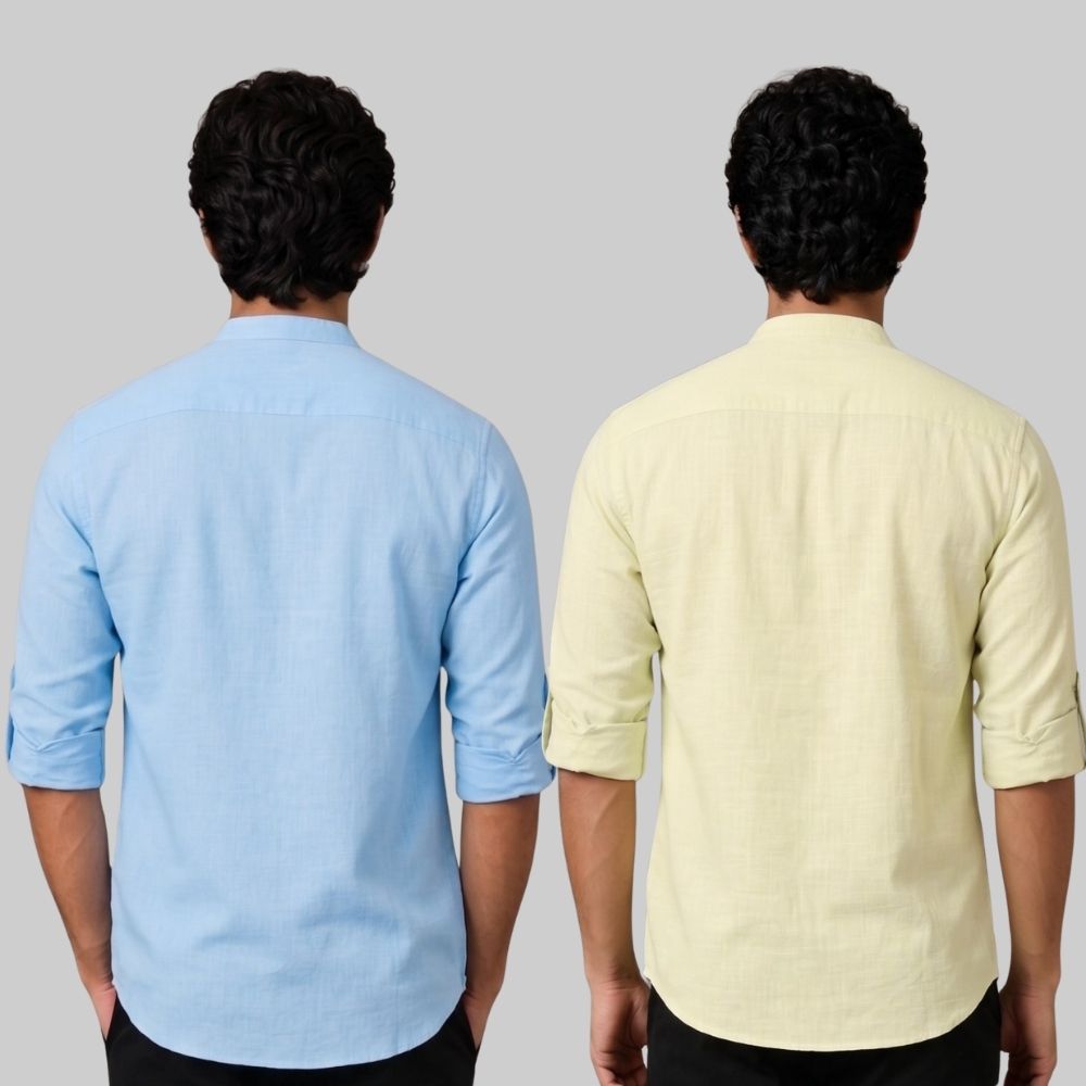 Combo of 2 Linen Solid Short Kurta Sky Blue and Light Yellow-51047