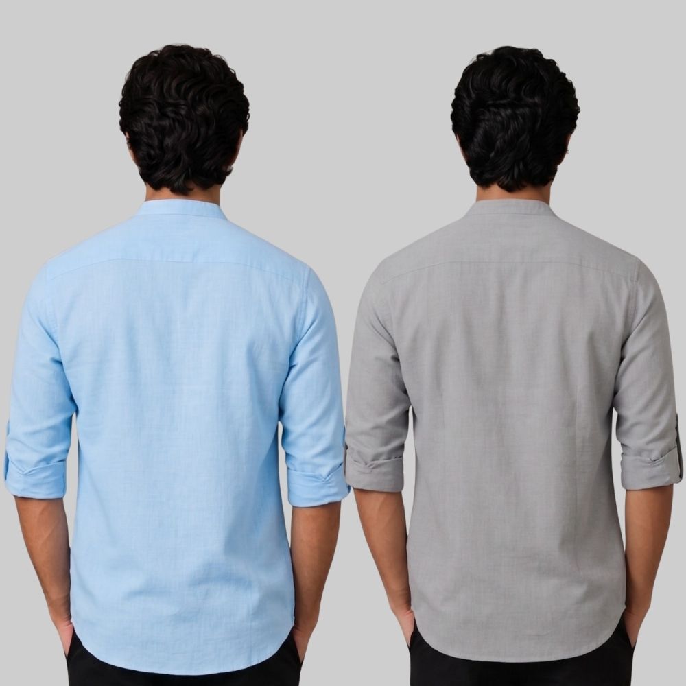Combo of 2 Linen Solid Short Kurta Sky Blue and Off White-51052