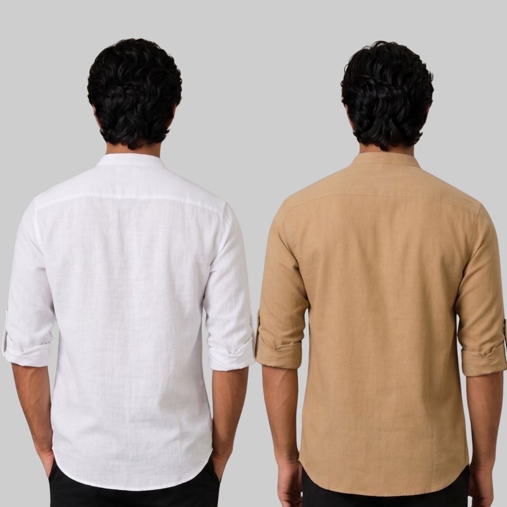 Combo of 2 Linen Solid Short Kurta White and Dark Beige-51040