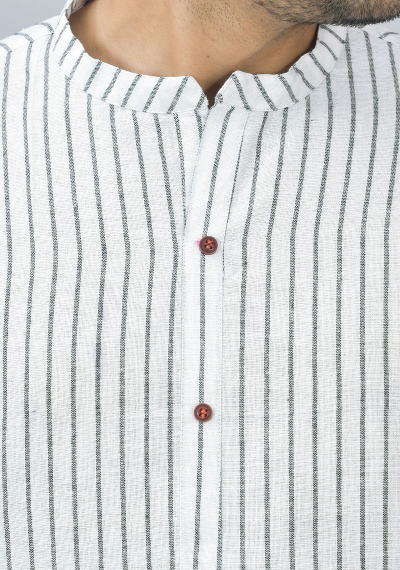 Men Cotton Stripe Co-ord Set White Black-46674